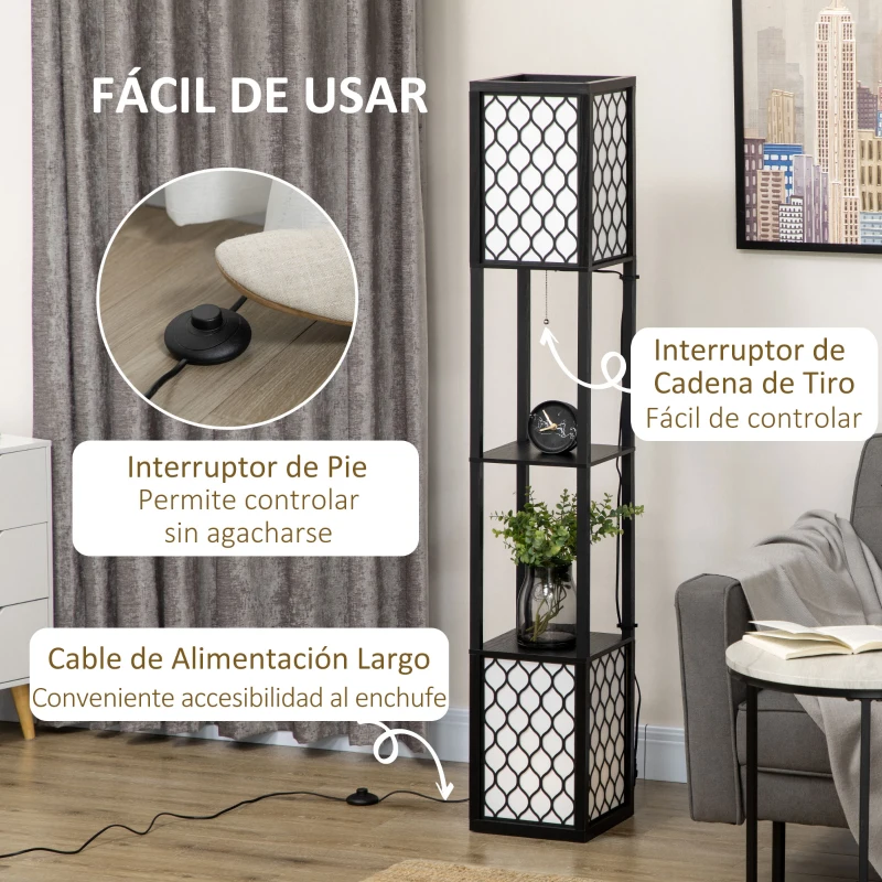 HOMCOM Lámpara de Pie de Madera con Estantes e Interruptor de Cadena para Salón Dormitorio 26x26x156 cm Negro y Blanco