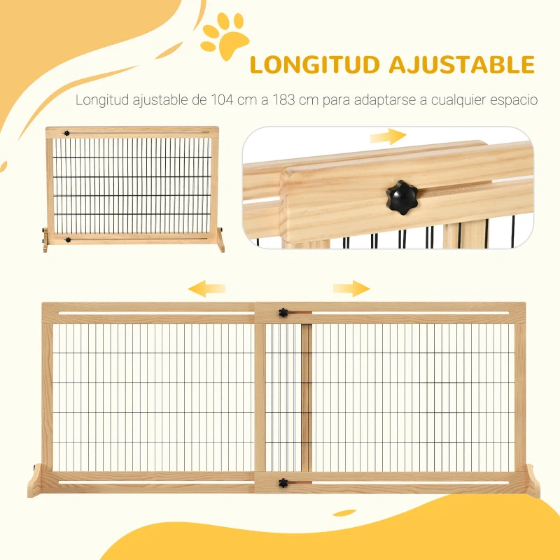 PawHut Barrera de Seguridad para Perros Extensible Barrera para Perros en Casa de Madera 104-180x36x69 cm Natural