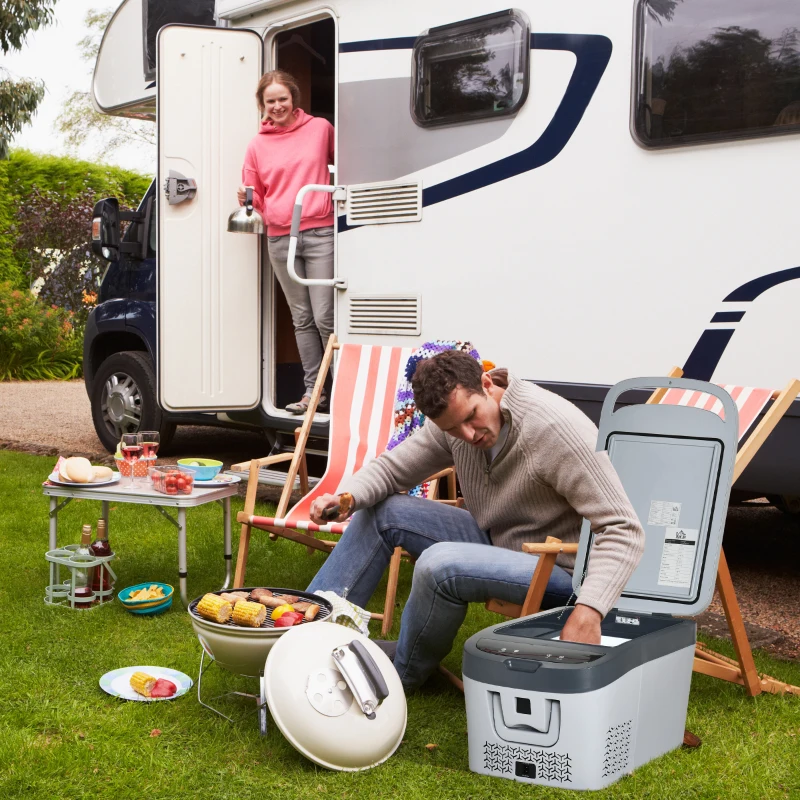 HOMCOM Nevera Portátil Compresor Mini Frigorífico 24L 12V/24V CC de 20℃ a -18℃ con Pantalla LED Táctil y Luz Eléctrica Refrigerador de Coche para Hogar Camping Viajes Automóvil 58x36,4x34,5 cm Gris