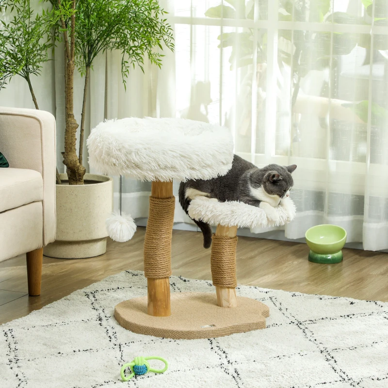 PawHut Katzenbaum, 61,5 cm, mit Katzenbett, Kratzpfosten, Sprungplattform, Spielzeugball, für Katzen bis zu 5 kg, Weiß