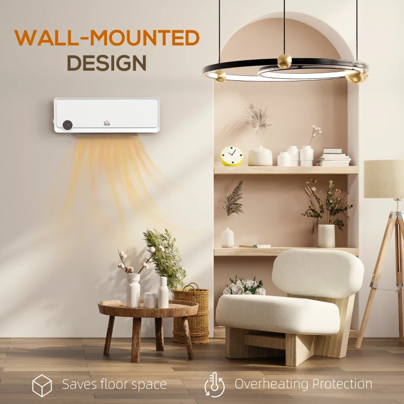 HOMCOM Wall Downflow Heater 2 Heat and Fan 1000W/2000W, Electric Space Heater with Timer Remote Oscillating, for Bedroom Home Office, White