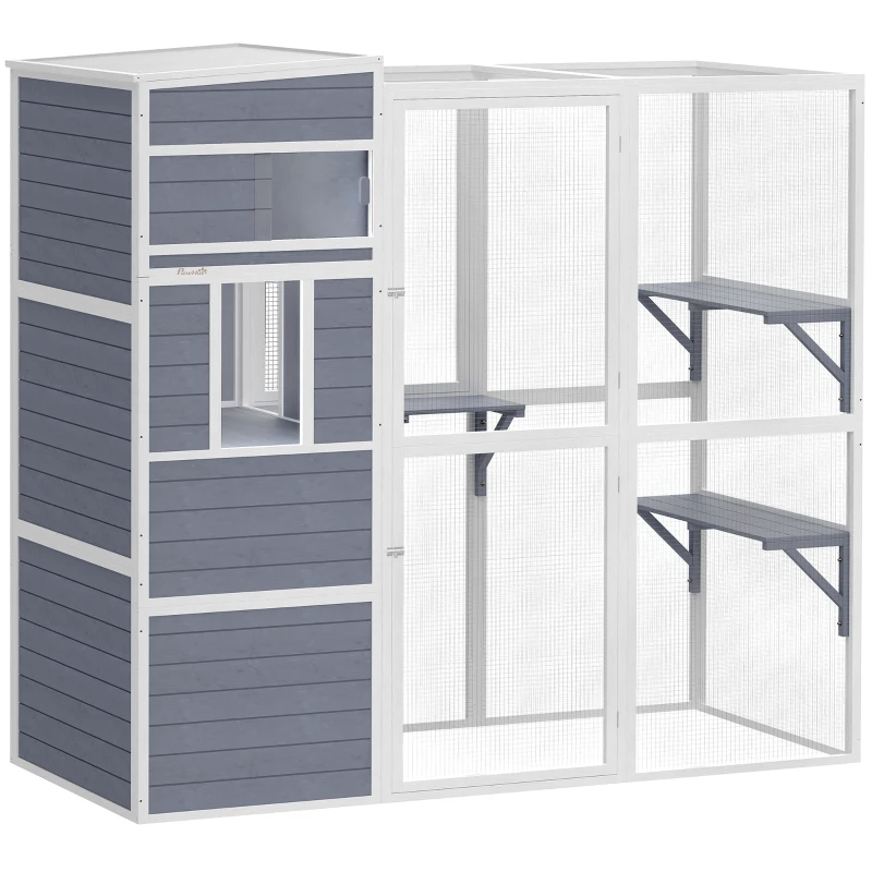 PawHut Buitenkattenren houten kattenhuis met 3 platformen, weerbestendig dak, rustgedeelte voor 3-4 katten tot 10 kg Grijs