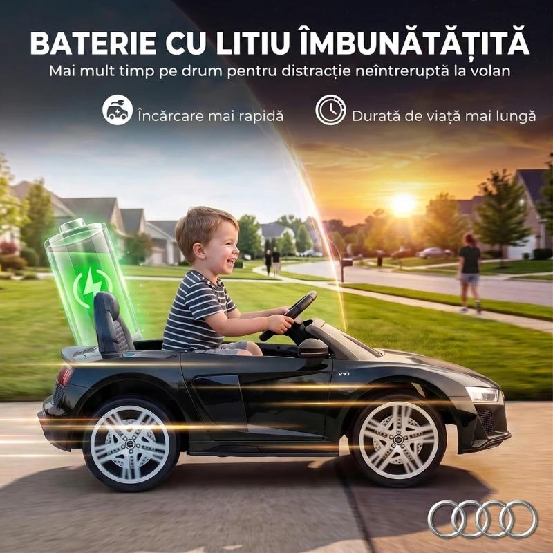 AIYAPLAY Mașinuță Electrică pentru Copii 12V Audi R8 Spyder, 3+ Ani, 3-5 km/h, cu 2 Motoare și Telecomandă, Negru