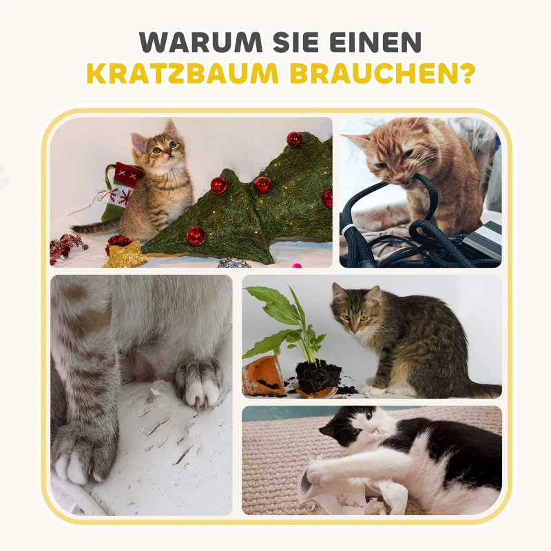 PawHut Krabton, 79 cm hoog, Ø45 cm, drievoudige krabton met sisaltouw, kattenhol, voor grote katten, Khaki+Bruin