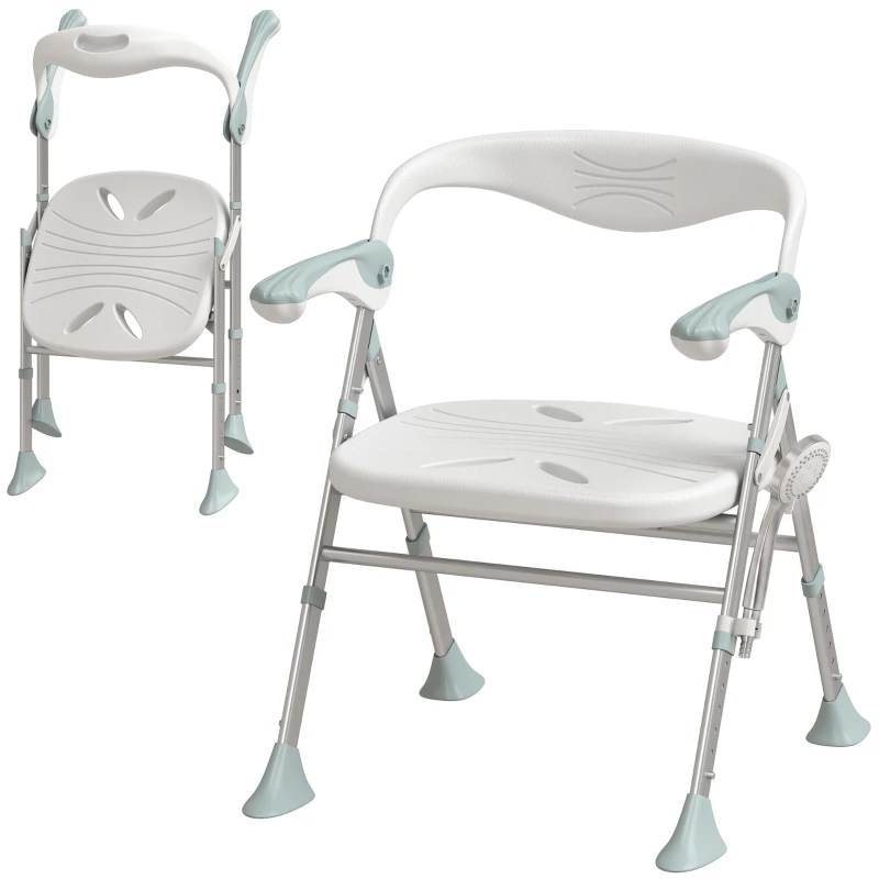 HOMCOM Tabouret de Douche Pliable, Hauteur Réglable à 5 Niveaux, Pieds Antidérapants en TPR, Aluminium, 51,5x61,5x74,5cm, Blanc
