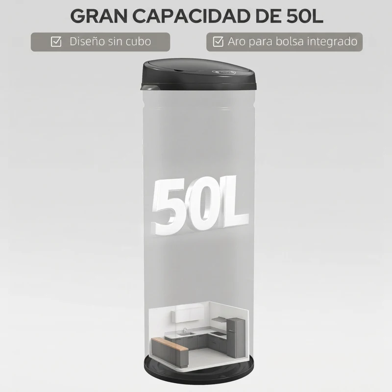 HOMCOM Cubo de Basura Cocina Automático 50 L Sensor Infrarrojo Cierre Automático Antihuellas Acero Inoxidable Negro