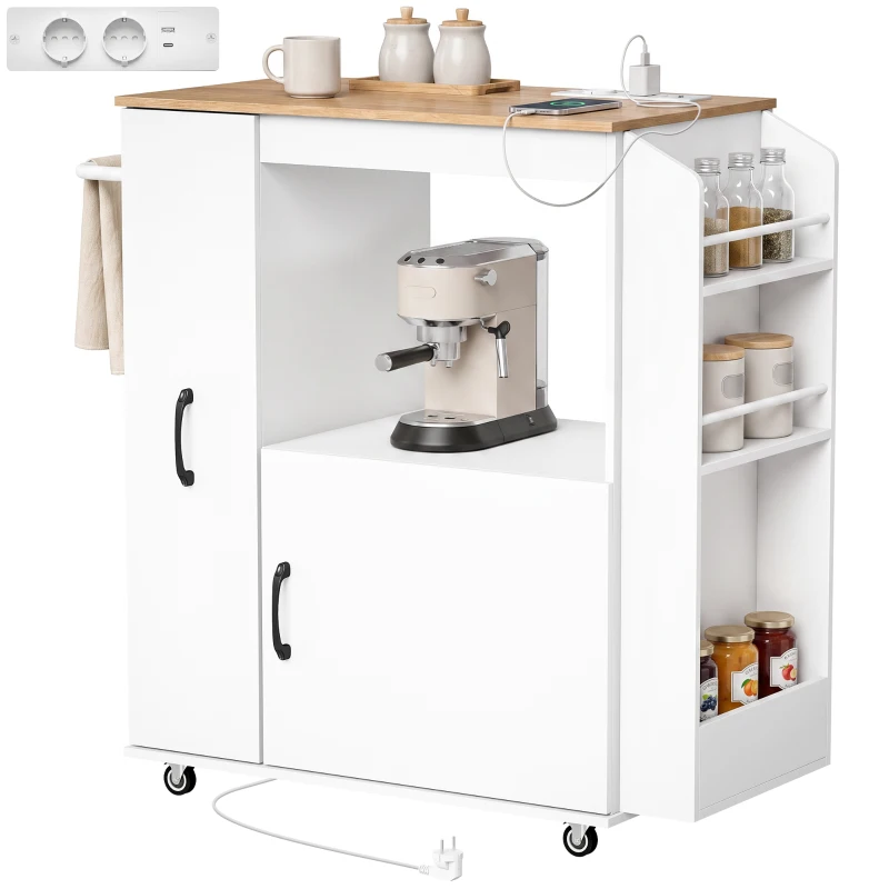 HOMCOM Carrello da Cucina con Presa di Corrente, Portaspezie e Armadietto, 80x40x88 cm, Bianco