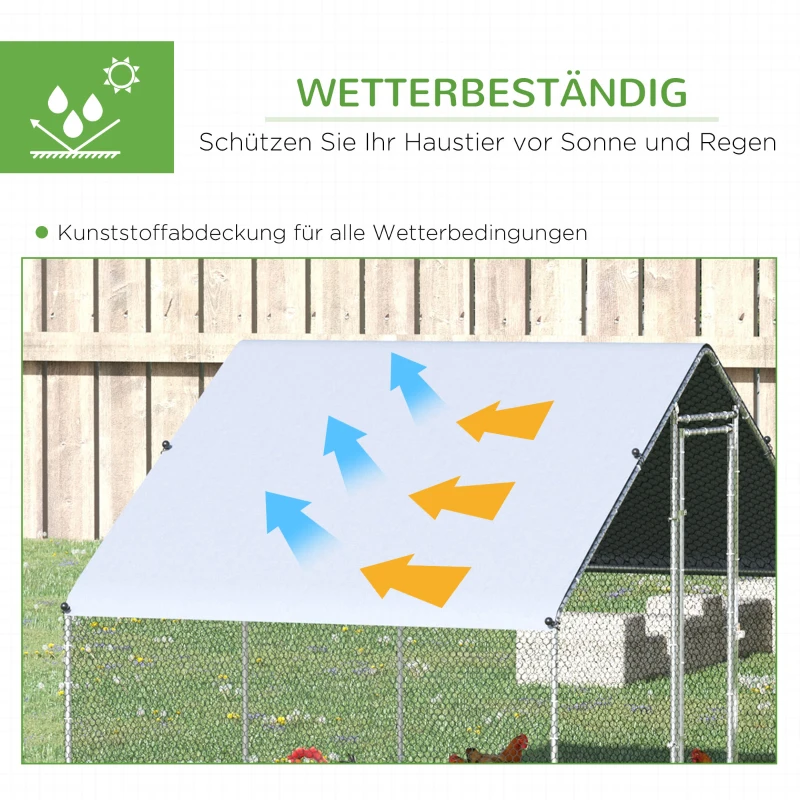PawHut Kippenhok, Buitenren, Pluimveestal met Zonnescherm, Buitenverblijf voor 4-6 Kippen, Eenden Konijnen, 3 x 2 x 2 m