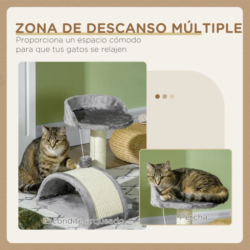 PawHut Árbol Rascador para Gatos Pequeños Altura 46 cm con Poste Tablero para Rascar Plataformas y Bola 35,5x37x46 cm Gris