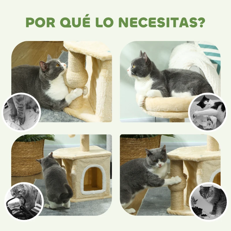 PawHut Árbol para Gatos Altura 66 cm Torre para Gatos con Cama Cueva Plataforma Bola Colgante y Poste de Yute Beige