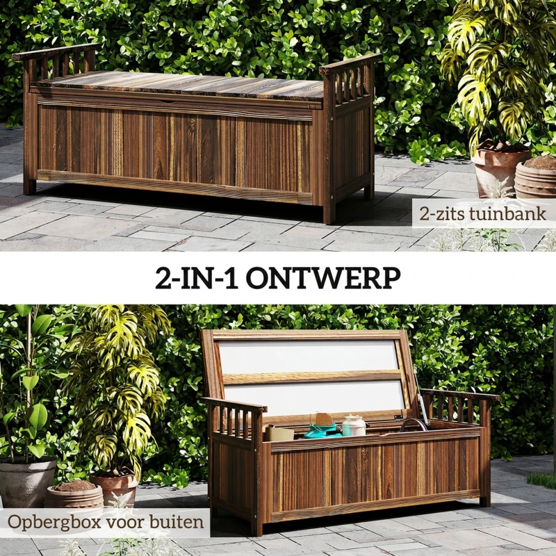 Outsunny 2-Zits Tuinbank van Hout met Weerbestendige Zitting, Tuinmeubilair met Opbergruimte en Armleuningen 128,5 x 56 x 53,5cm, Verkoold