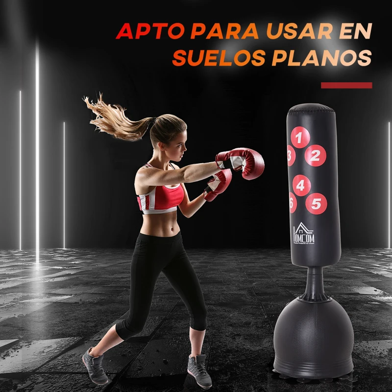 HOMCOM Saco de Boxeo de Pie 165 cm con Base Rellenable de Agua 22,5 kg o Arena 27,5 kg y Ventosas de Goma para Adultos y Niños 50x50x165 cm Negro