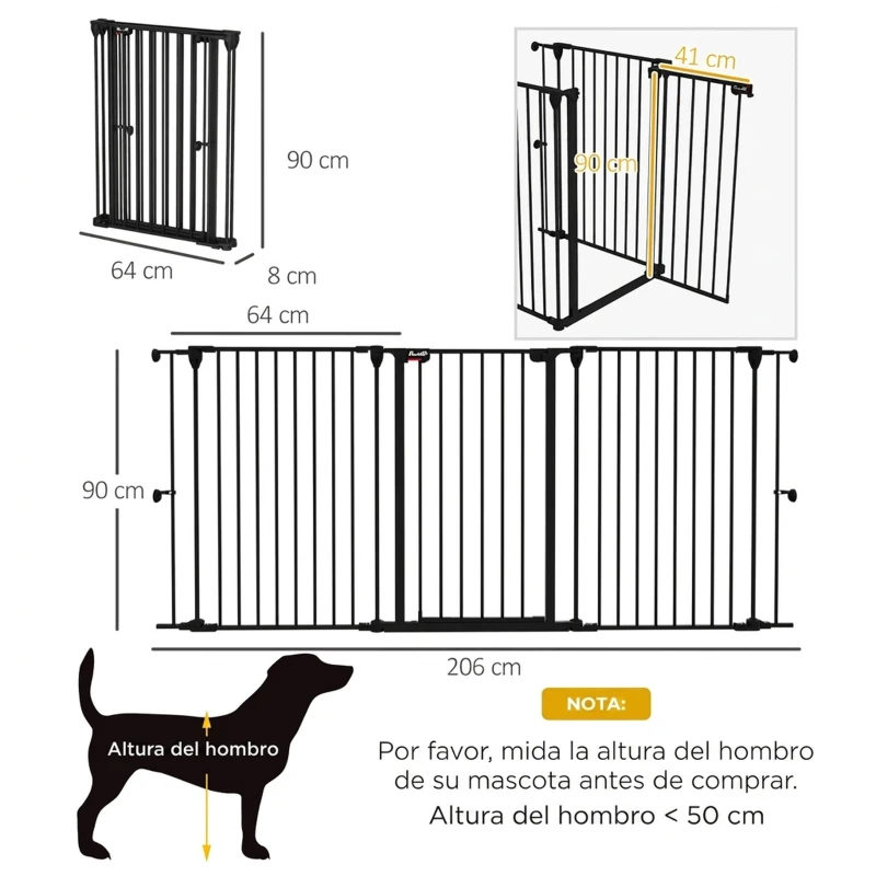 PawHut Valla para Mascotas de Acero Plegable con 3 Paneles Doble Cerradura y Función de Bloqueo Auxiliar 206x90 cm Negro