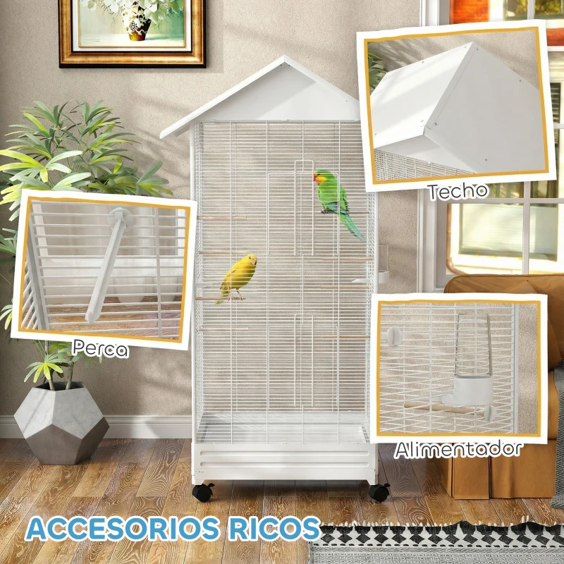PawHut Jaula para Pájaros con Ruedas 79x65x155 cm Jaula Grande con 2 Comederos 8 Perchas y Bandeja Extraíble Blanco