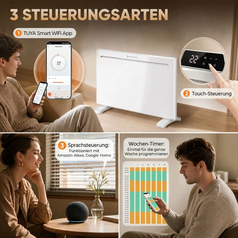 HOMCOM Smart-Panelheizung 1500 W, freistehend/Wandmontage, Elektroheizung mit 7-Tage-Timer, Fenstererkennung, Frostschutz, Weiß