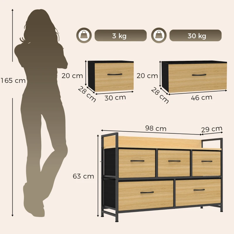 HOMCOM Kommode mit faltbaren Stoffschubladen, Melaminholz, Stahlrahmen,  Eiche