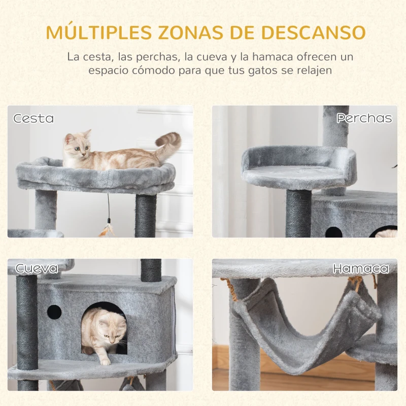 PawHut Árbol Rascador para Gatos 48x48x107 cm Torre para Gatos con Cueva de Fieltro Desmontable Hamaca Camas Plataformas Gris