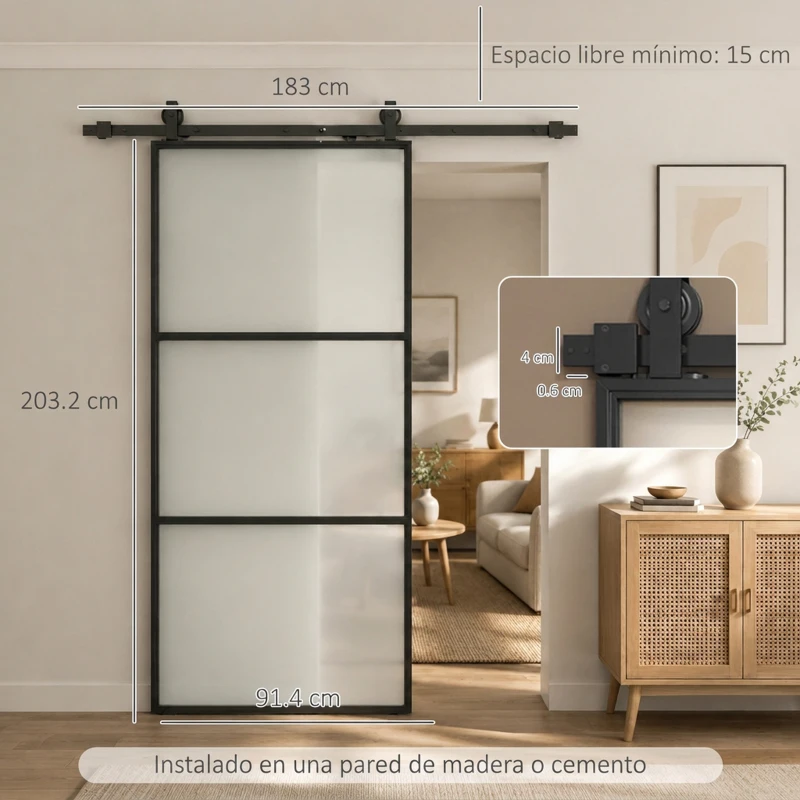 HOMCOM Puerta Corredera de Cristal con Herrajes Mecanismo Cierre Suave para Baño Salón 91,4x203,2 cm Negro