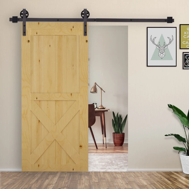 HOMCOM 6FT/183cm Herraje para Puerta Corredera Kit de Puerta Corrediza de Madera con Guía de Suelo Riel de Acero al Carbono Café Oscuro
