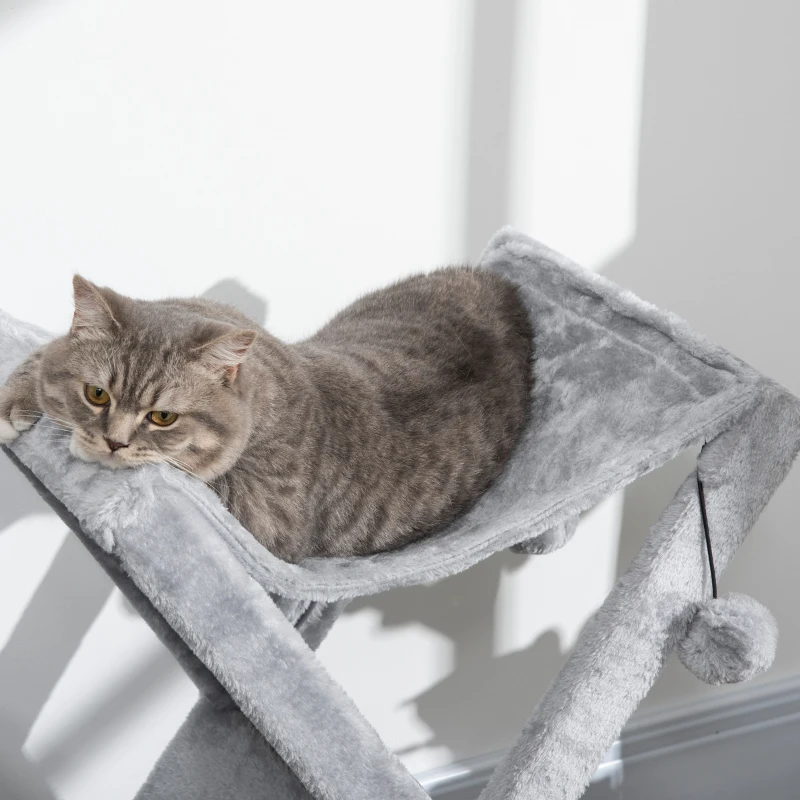 PawHut Árbol Rascador para Gatos 54,5x32x65 cm Plegable con Cueva Hamaca Alfombrilla Rascadora de Sisal Bolas Colgantes para Espacios Reducidos Juego y Descanso Gris