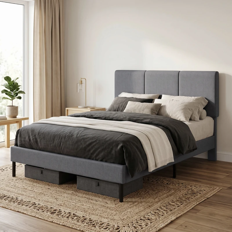 HOMCOM Bettgestell 140 x 200 cm mit verstellbarem Kopfteil, gepolstertes Bett in Leinenoptik mit 12 Latten