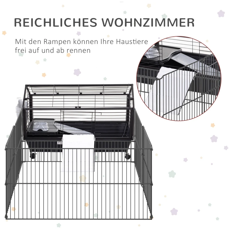 Pawhut Kleintierkäfig mit Freigehege inkl. Zubehör 88 cm x 128,5 cm x 56 cm  4 Rollen Schwarz Metall Polypropylen