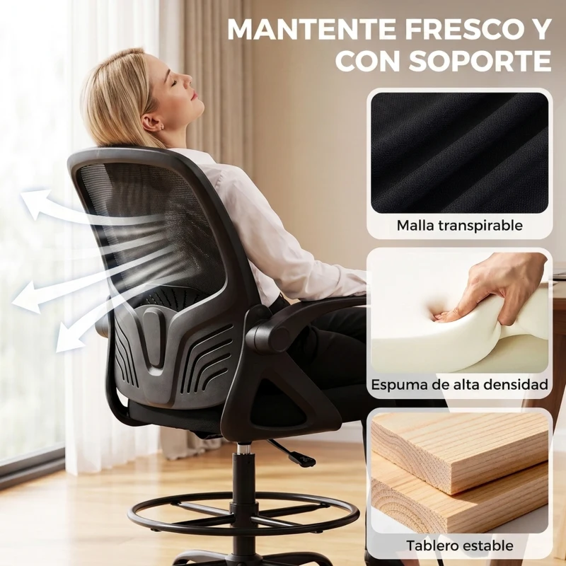 HOMCOM Silla de Dibujo con Reposapiés Soporte Lumbar Ajustable y Reposabrazos Abatibles, Negro