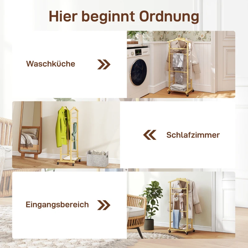 HOMCOM Kleiderständer mit Rollen, Garderobenständer mit Doppelstangen aus Bambus, Schuhablage, Ablagetablett, Hosenhalter
