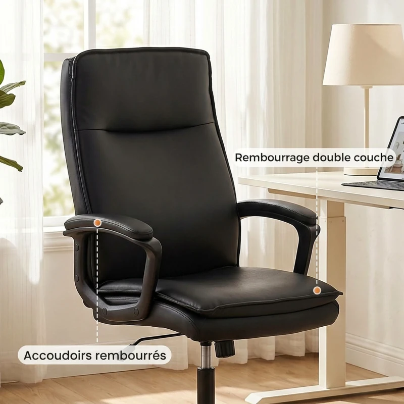 HOMCOM Chaise bureau ergonomique, fauteuil de bureau en PU, hauteur réglable, fonction bascule, pivotante 360°, noir