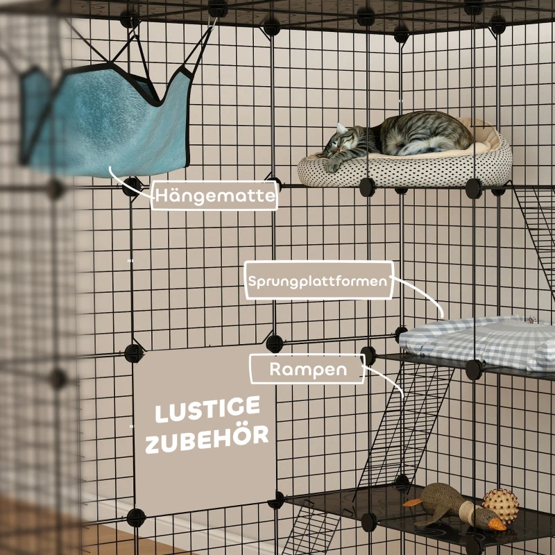 PawHut Kattenkooi voor binnen 4-laags DIY-kattenverblijf met dicht metalen gaas, hangmat, ramp, deuren, springplatforms