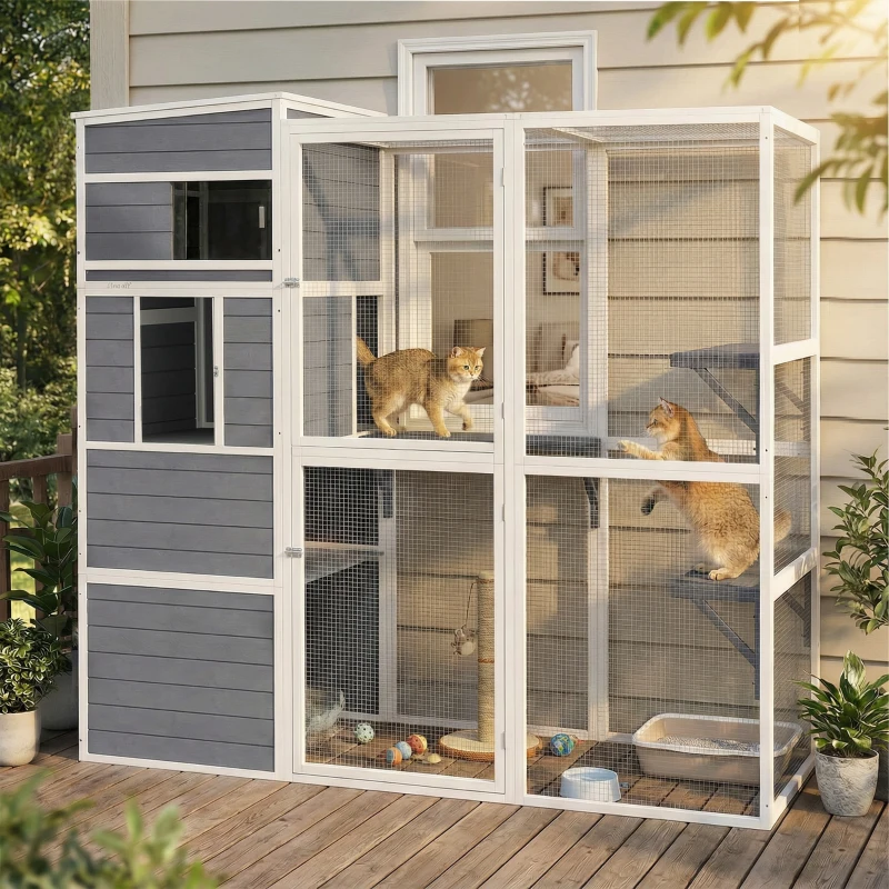 PawHut Buitenkattenren houten kattenhuis met 3 platformen, weerbestendig dak, rustgedeelte voor 3-4 katten tot 10 kg Grijs