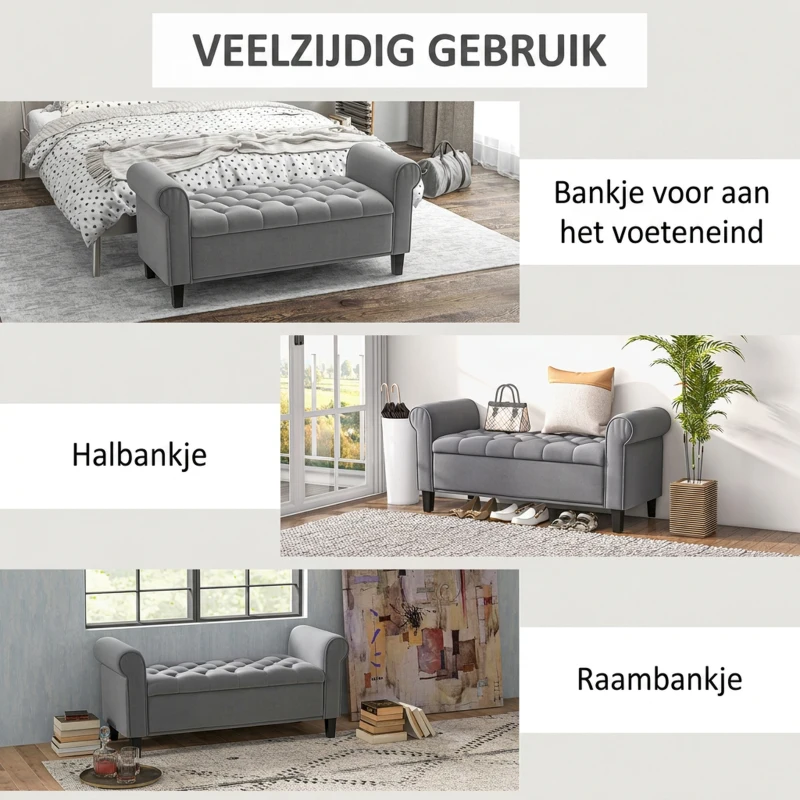 HOMCOM Zitbank Polsterbank Bedbank, Knoopstiksel, Fluweelachtige Afwerking, 126 cm x 48,5 cm x 57 cm, Grijs(m-7)