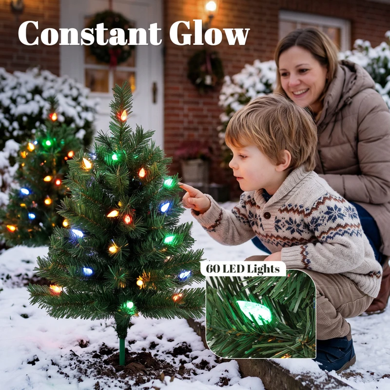 HOMCOM 60 cm Prelit Christmas Tree, 2 Packs Artificial Christmas Trees with 60 Colourful LED Lights, 130 Tips, Green
