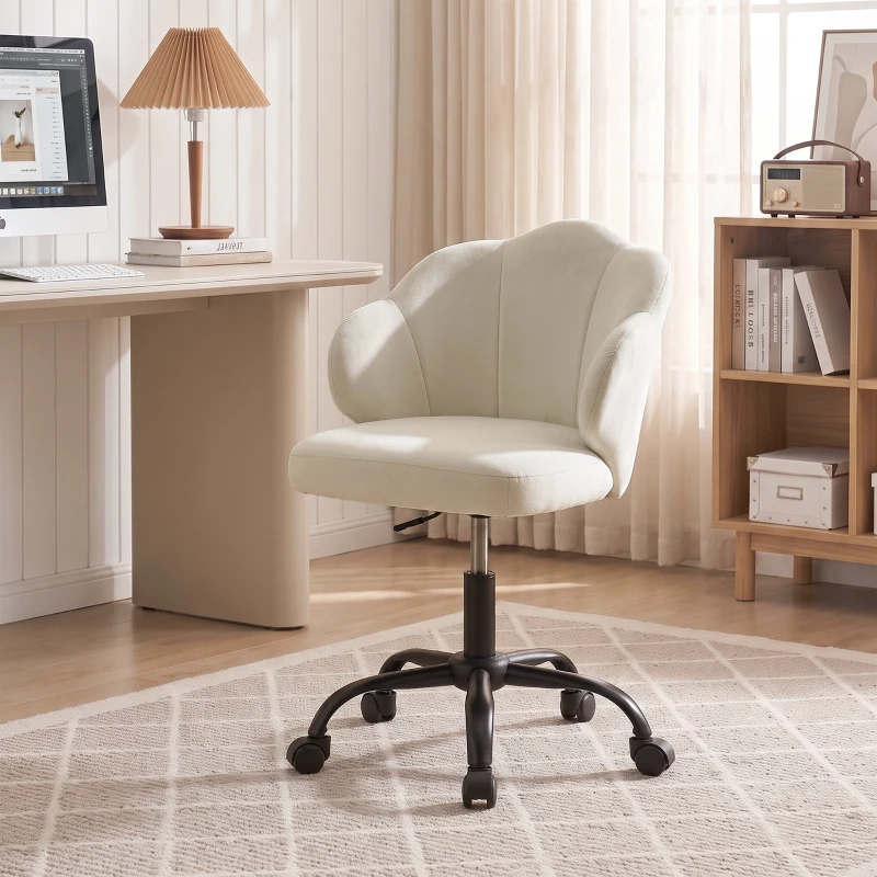 HOMCOM Chaise Bureau en Velours, Chaise Coiffeuse avec Dossier en Pétale, Hauteur Réglable, Fonction Bascule, Crème