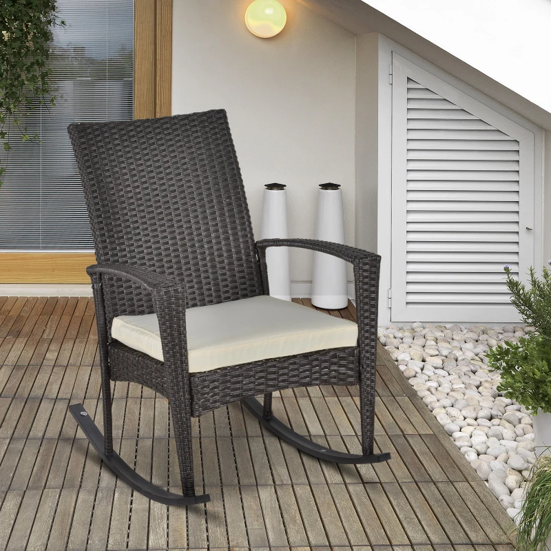 Outsunny Schaukelstuhl Schwingsessel Gartenstuhl mit Kissen , Polyrattan+Metall, Braun+Cremeweiß, 66 x 88 x 98 cm