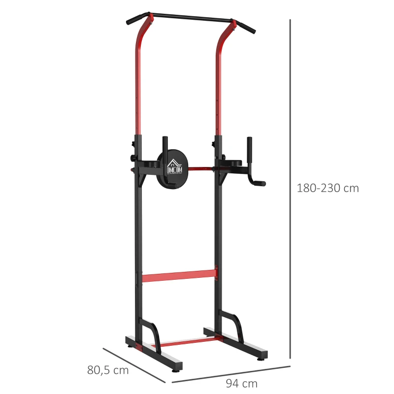 HOMCOM Estación Dip Torre de Dominadas para Hogar Oficina Gimnasio Altura Ajustable con 6 Orificios Tubo de Acero Soporta hasta 120 kg 94x80,5x180-230 cm Negro