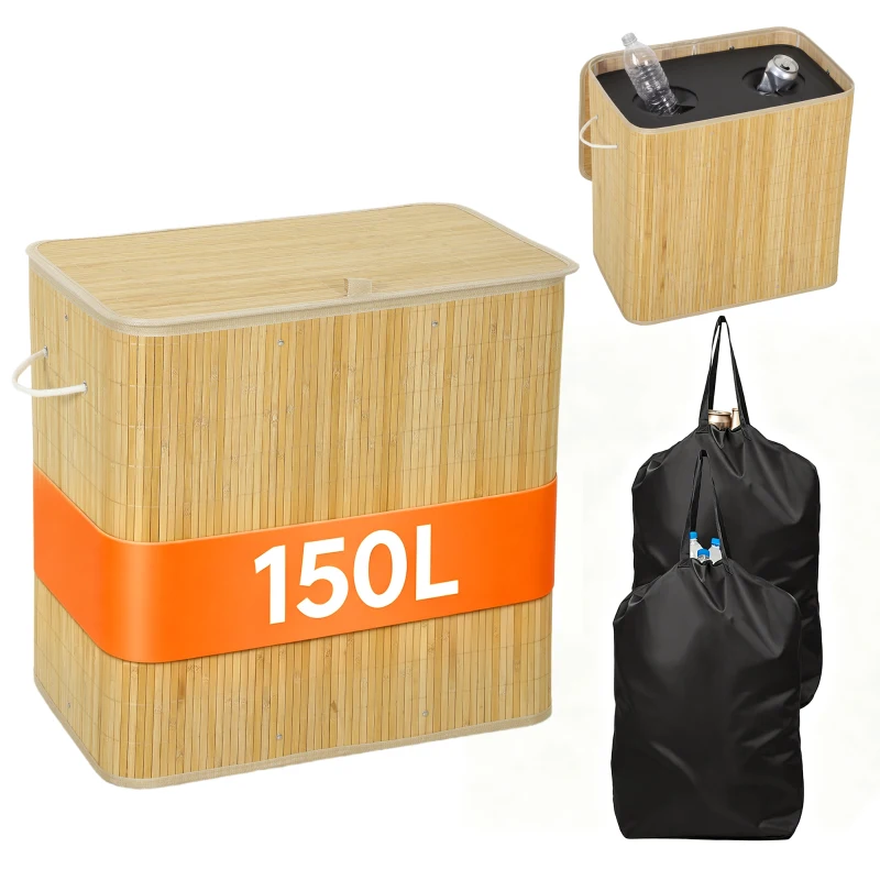 HOMCOM Pfandflaschen Sammelbehälter mit Deckel 150L, Bambus Pfandflaschen Organizer mit Zwei Tasche für Küche
