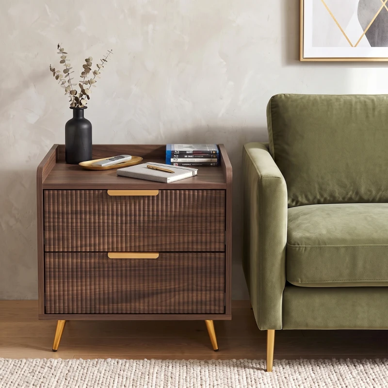 HOMCOM Elegant Two-Drawer Bedside Table - Walnut Brown