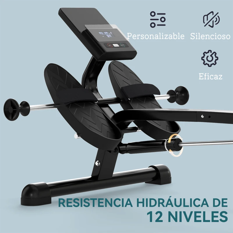 SPORTNOW Máquina de Remo para Casa con 12 Niveles de Resistencia Hidráulica Pantalla LCD para Entrenaminto en Gimnasio Negro