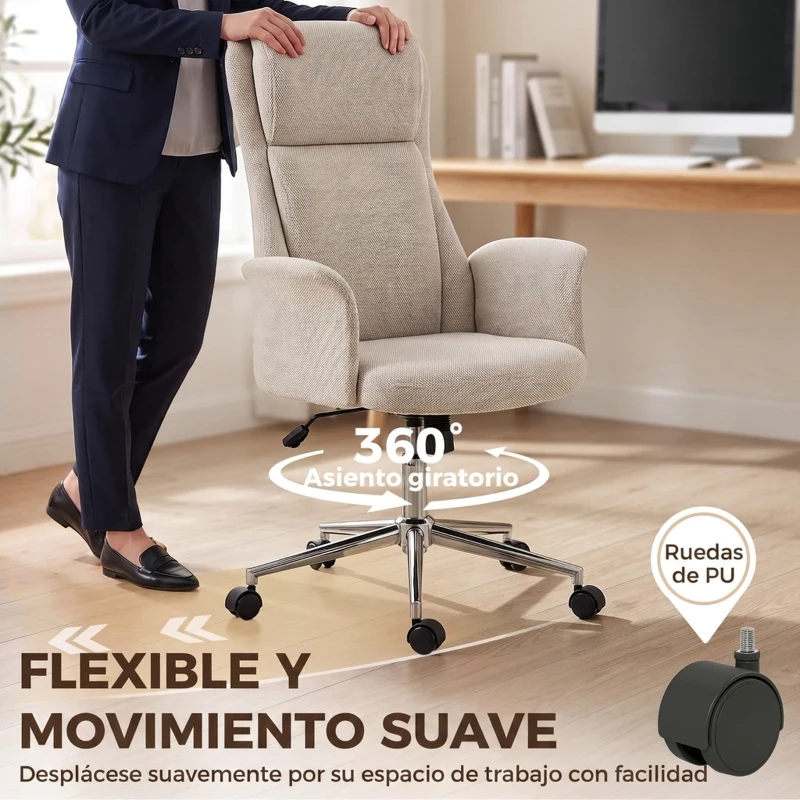 HOMCOM Silla de Escritorio Giratoria con Respaldo Alto Función Balanceo Altura Ajustable Reposabrazos Acolchados Ruedas Beige