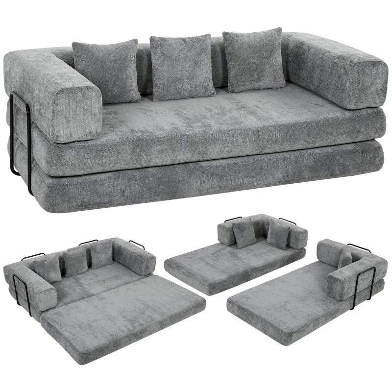 HOMCOM Canapé Convertible 3 Places Compressé 5 en 1, Canapé-Lit en Chenille 205cm, Assise Profonde, 2 Coussins, Gris