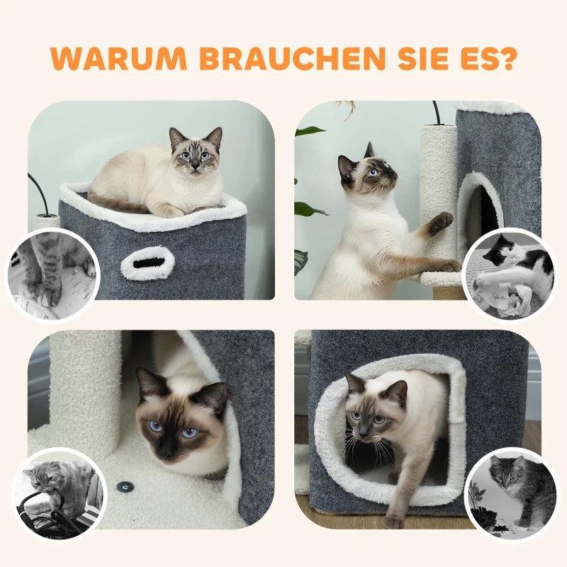PawHut Katzenkratzbaum, Top-Liegefläche, 2-stöckiges Haus, Sisalpfosten, Grau