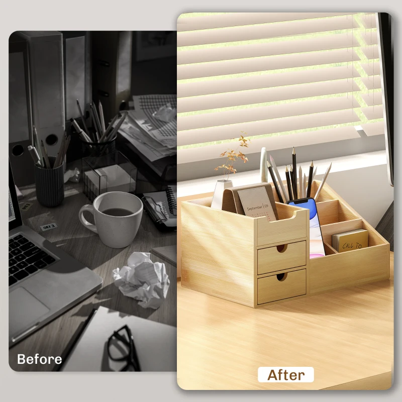 HOMCOM Desk Organiser Holder, Bamboo Multi-Function Storage Caddy with 7 Storage Compartments and 2 Drawers for Home Office Stationary Supplies, Natural Bamboo