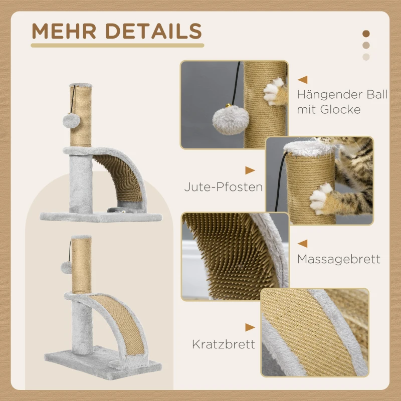 PawHut Compacte Krabpaal met Jutebedekking, Hangende Bal met Bel, Krabplank, 34L x 24B x 43H cm - Grijs