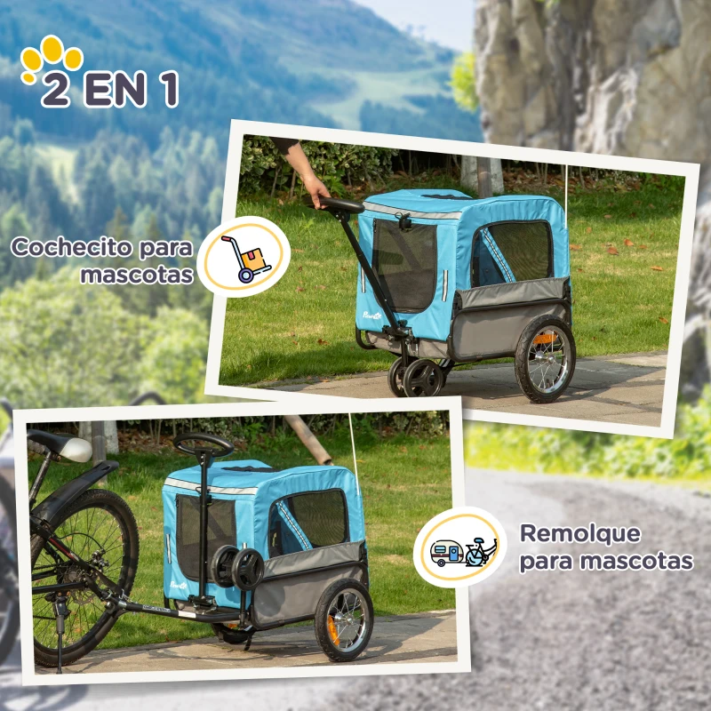 PawHut Remolque de Bicicleta para Perros 2 en 1 Carrito para Perros de Acero con Cinturón de Seguridad Mango de Empuje Extraíble Bandera y Reflectores 129x55,5x92 cm
