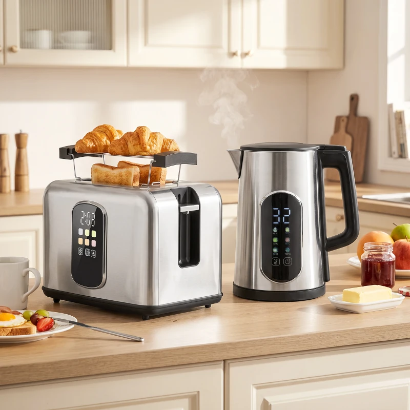 HOMCOM Kettle and Toaster Set with LED Touch Screen, Kettle with Strix Thermostat, 2 Slice Toaster w/ 6 Browning Levels, Silver