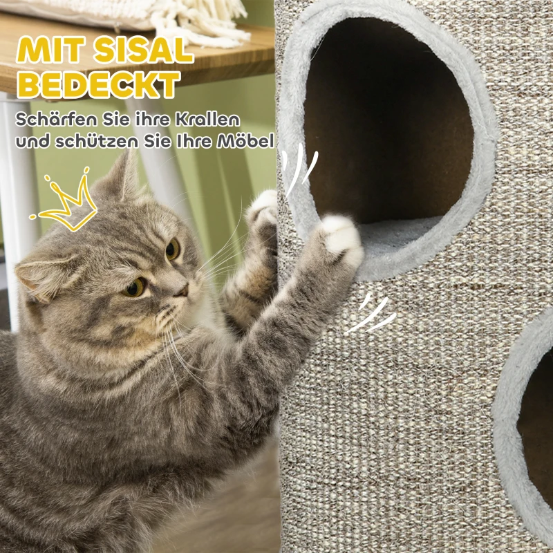 PawHut krabpaal voor katten met 3 niveaus, inclusief sisaltouw, krabvlak, krabpaal voor katten, 38 cm x 38 cm x 70 cm, lichtgrijs