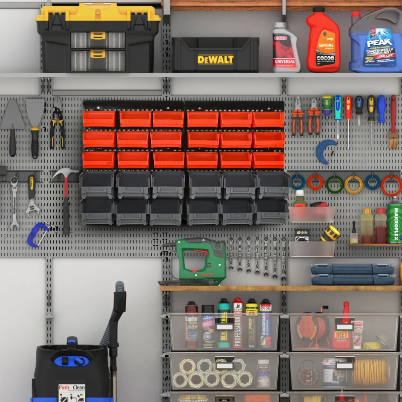 DURHAND Estantería de Almacenaje para Pared 33 Piezas con Cajas de 2 Tamaños Diferentes Ideal para Tornillos 37,5x18x63 cm Rojo