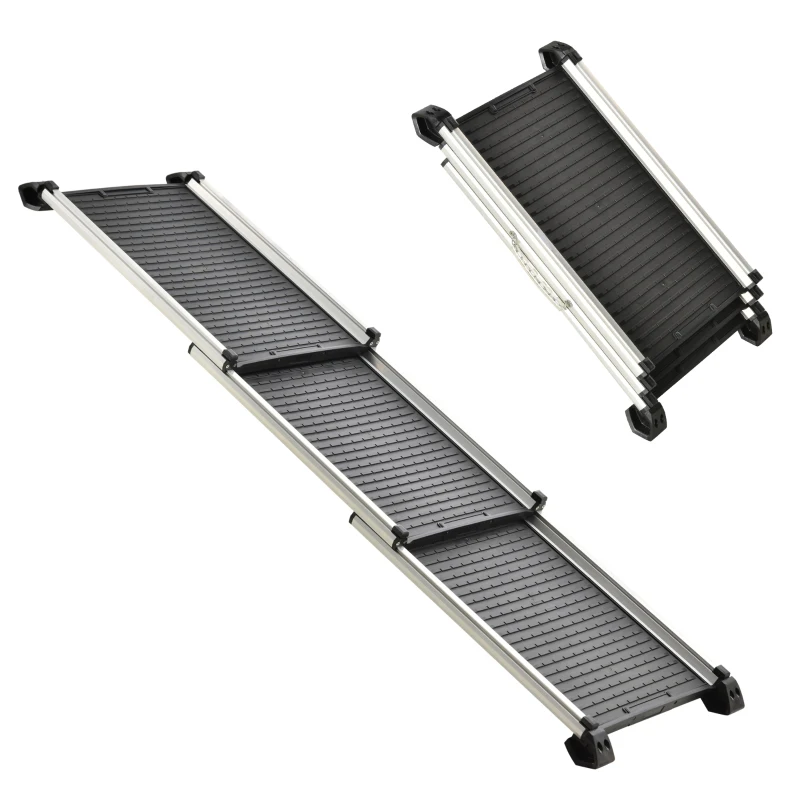 PawHut Rampa para Mascotas Plegable de Aleación de Aluminio con Superficie Antideslizante Rieles Laterales y Asa Fácil Transporte Carga Máx. 100 kg 159x42x11,5 cm Negro