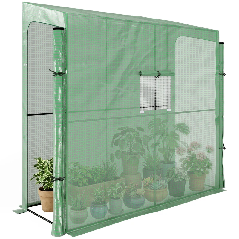 Outsunny Serre de jardin adossée murale serre à tomate 2 Portes zippées enroulables, 1 fenetre, dim. 200L x 80l x 200/180H cm